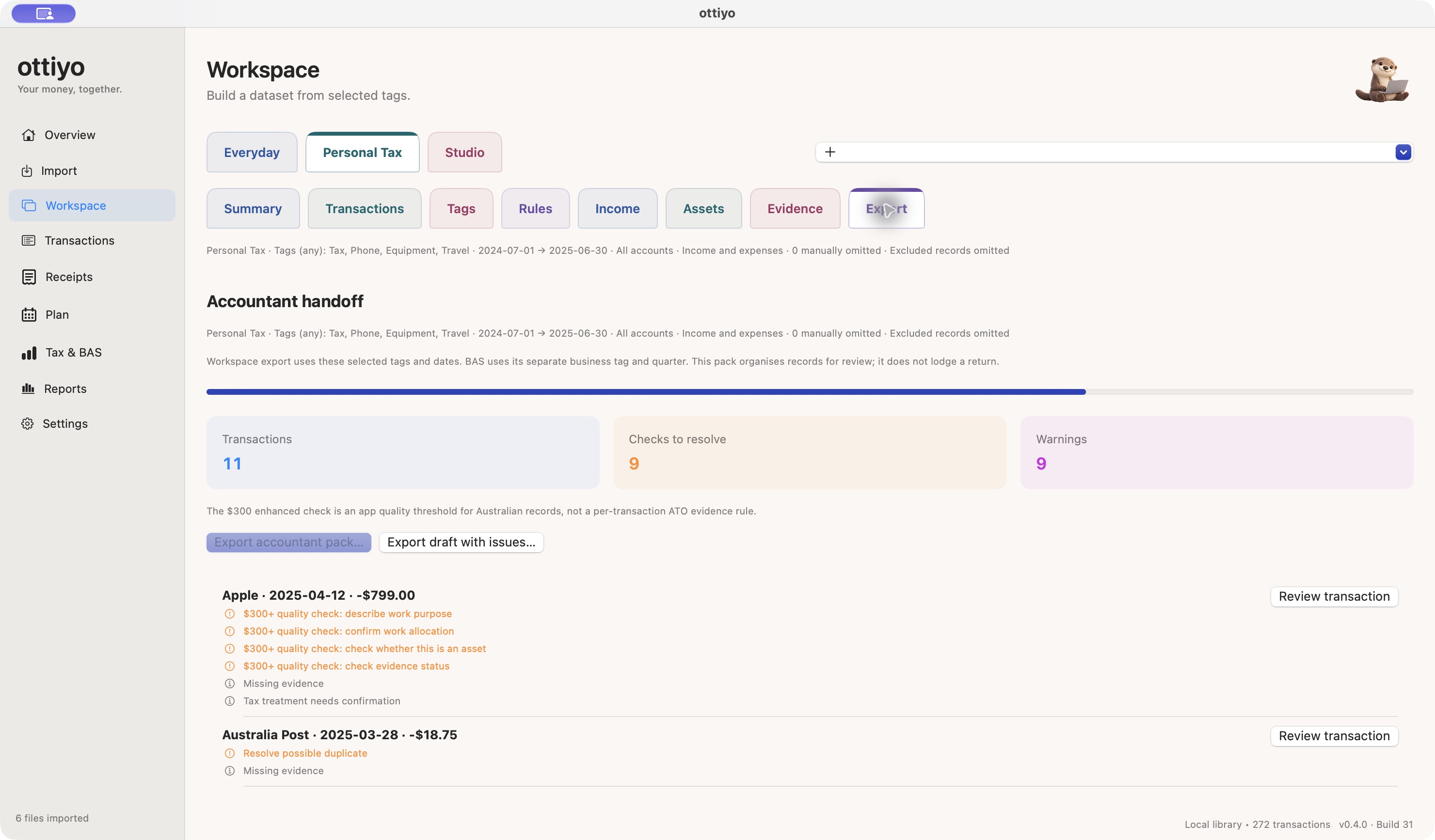 ottiyo accountant handoff screen showing outstanding checks and the draft export option