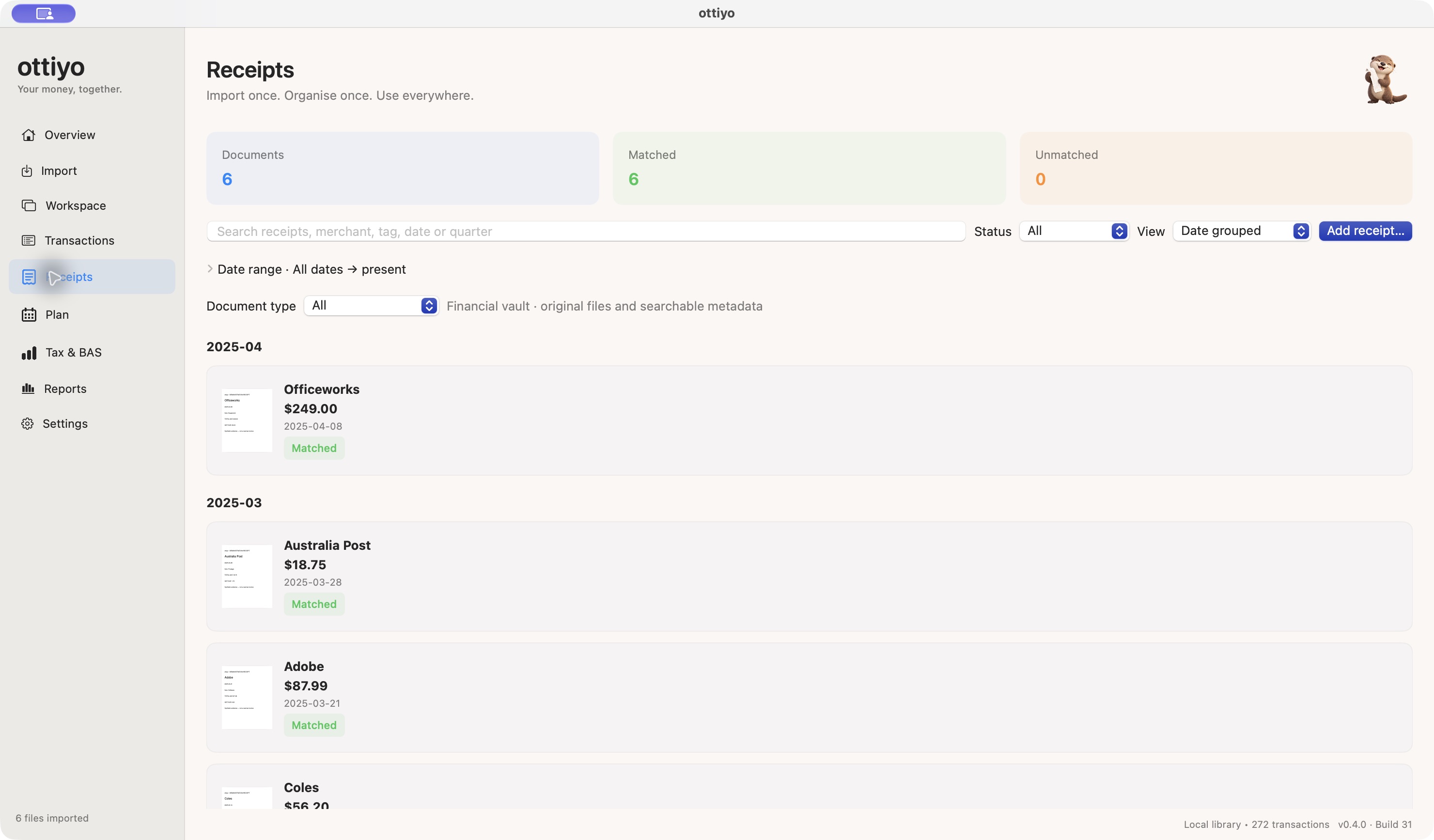ottiyo receipt library with synthetic PDF receipts grouped by month