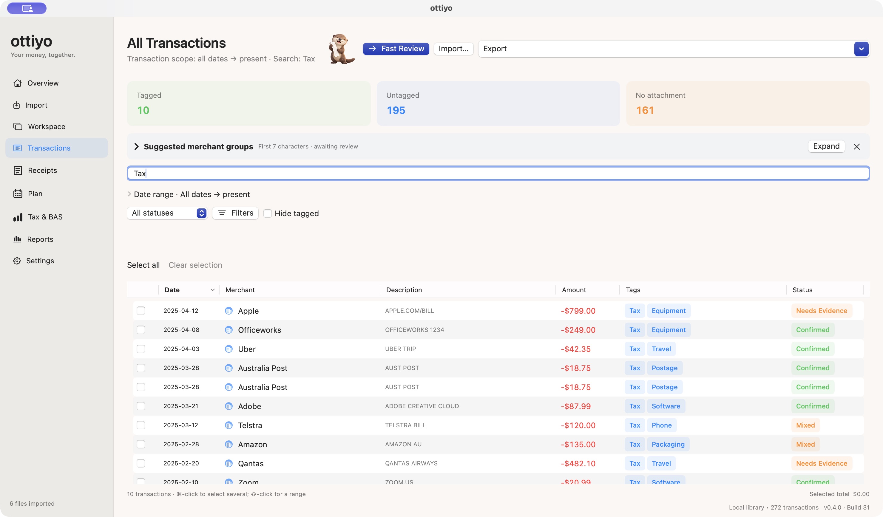 ottiyo transaction table showing synthetic merchants, amounts, tags and evidence statuses