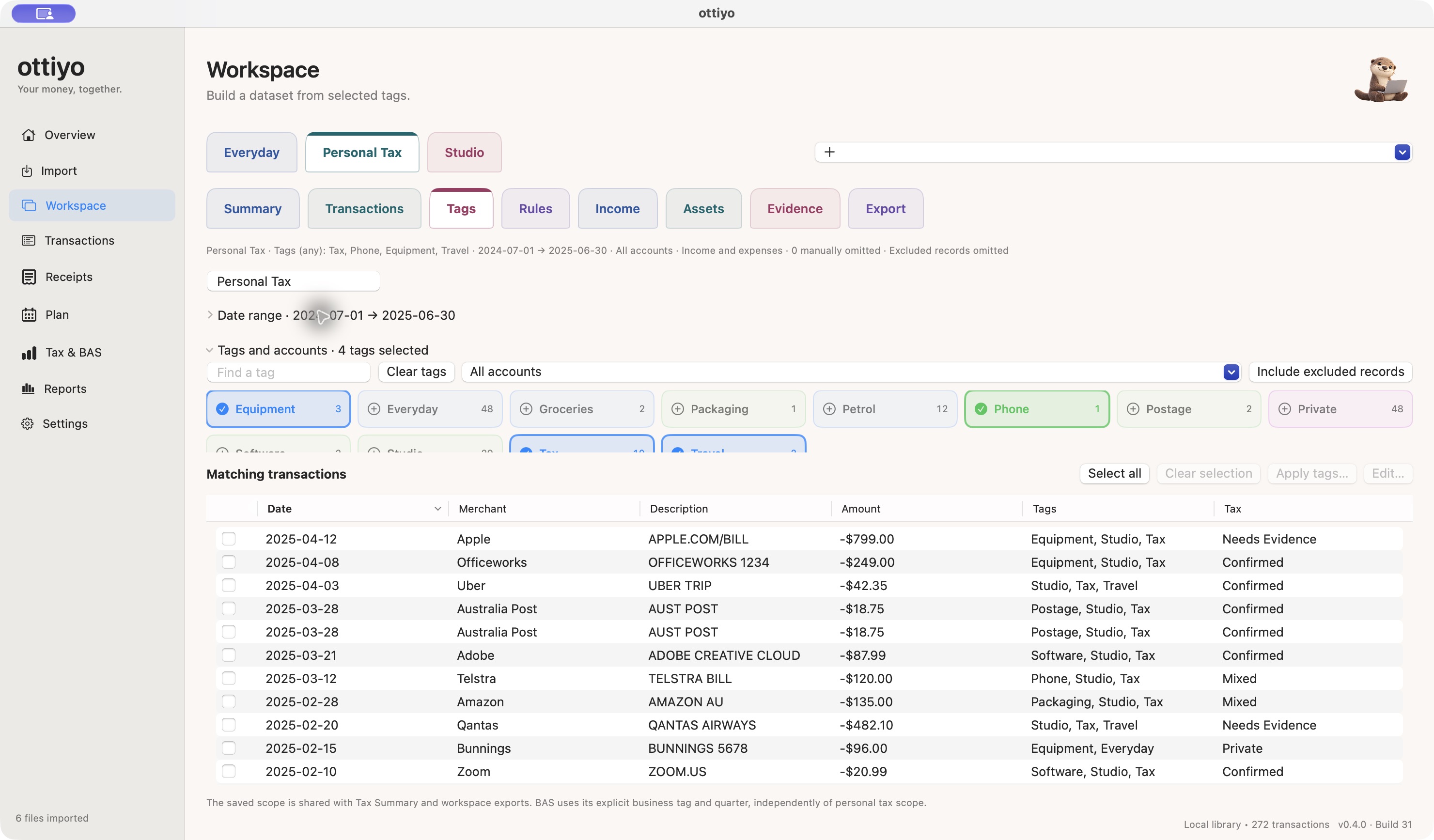 ottiyo Personal Tax workspace with selected tags and matching synthetic transactions